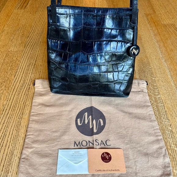 Monsac Black Crocodile-Embossed Genuine Leather Handbag with Shoulder Handles - Picture 2 of 15